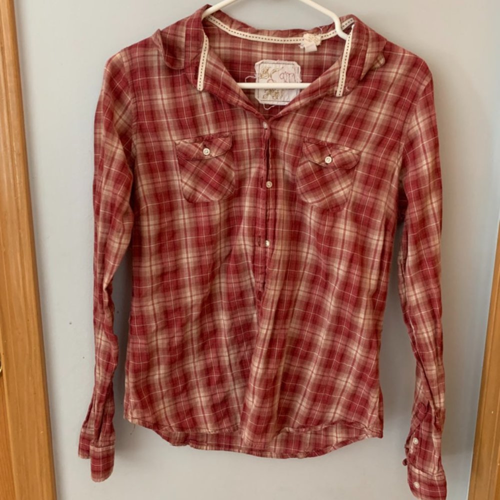Magenta and cream button up flannel